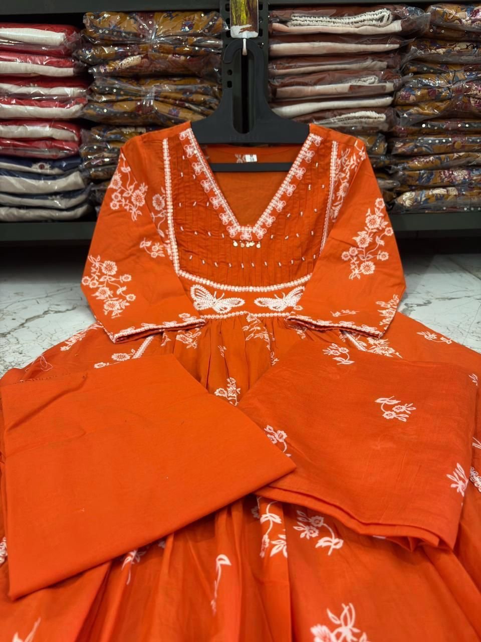 Orange Cotton Discharge Printed Suit Set with Embroidery